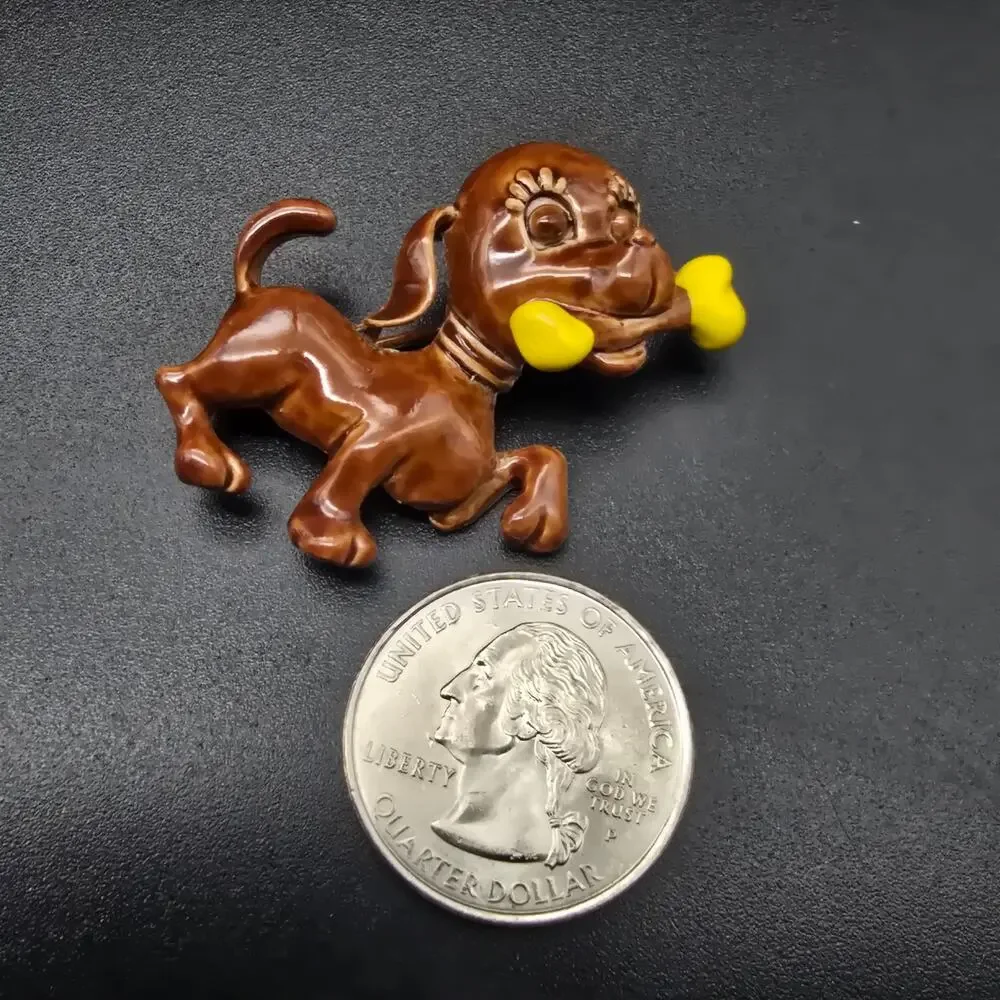 Brown Enamel Dog Brooch with Yellow Bone Vintage Costume Jewelry